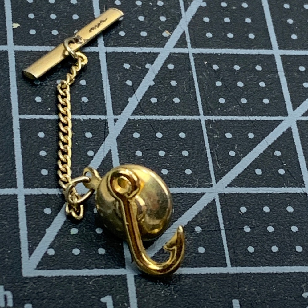 Gold Tone Fishing Hook Tie Tack Pin with Chain Vintage Men's Accessory